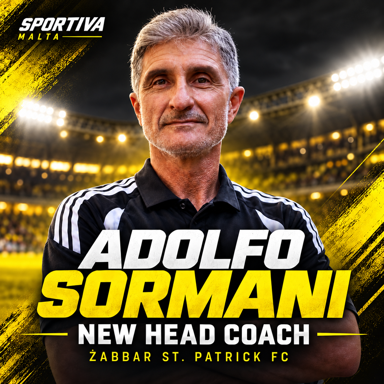 Adolfo Sormani appointment graphic in Żabbar St. Patrick’s yellow and black colours