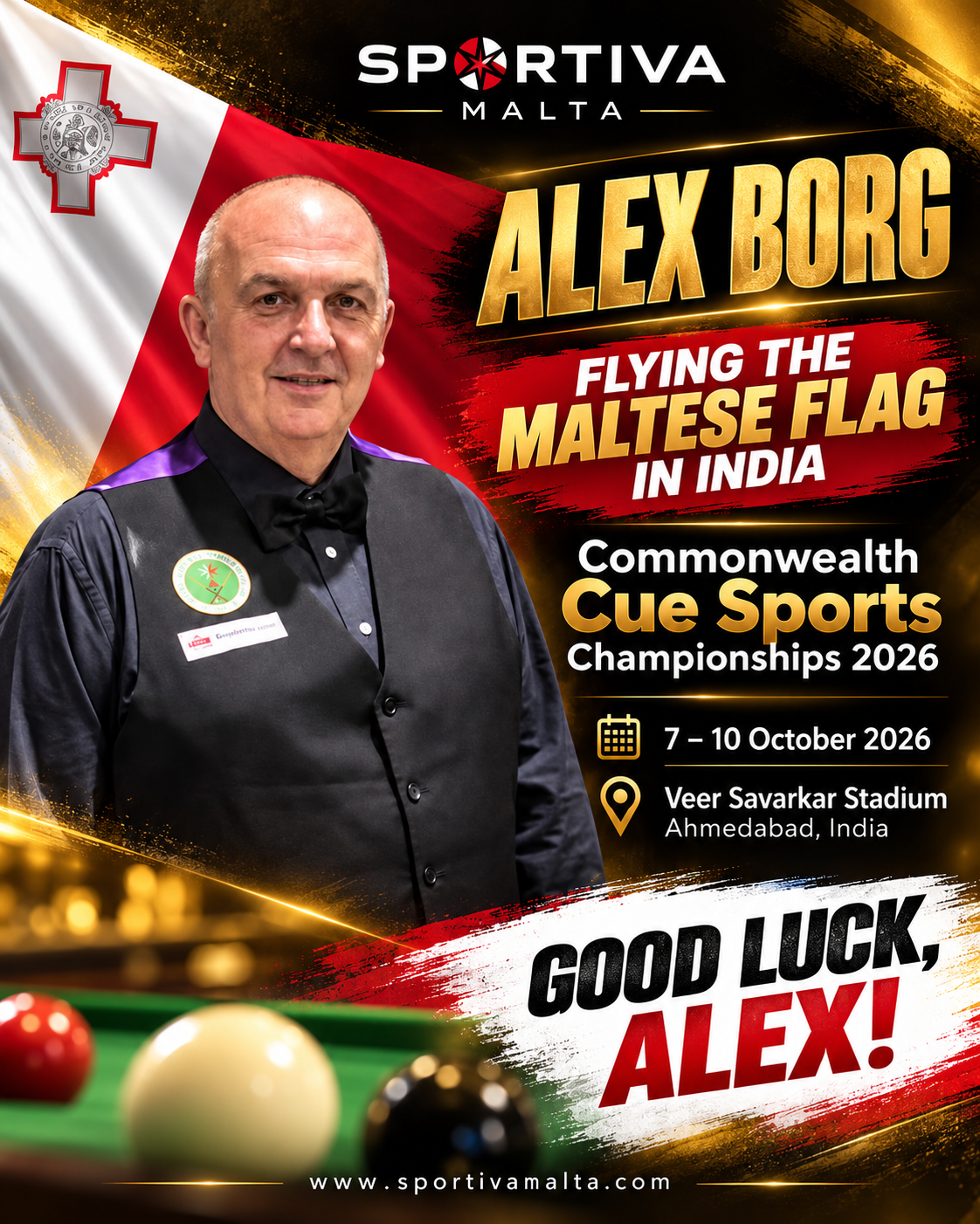 Alex Borg in a Sportiva Malta graphic for the Commonwealth Cue Sports Championships in India