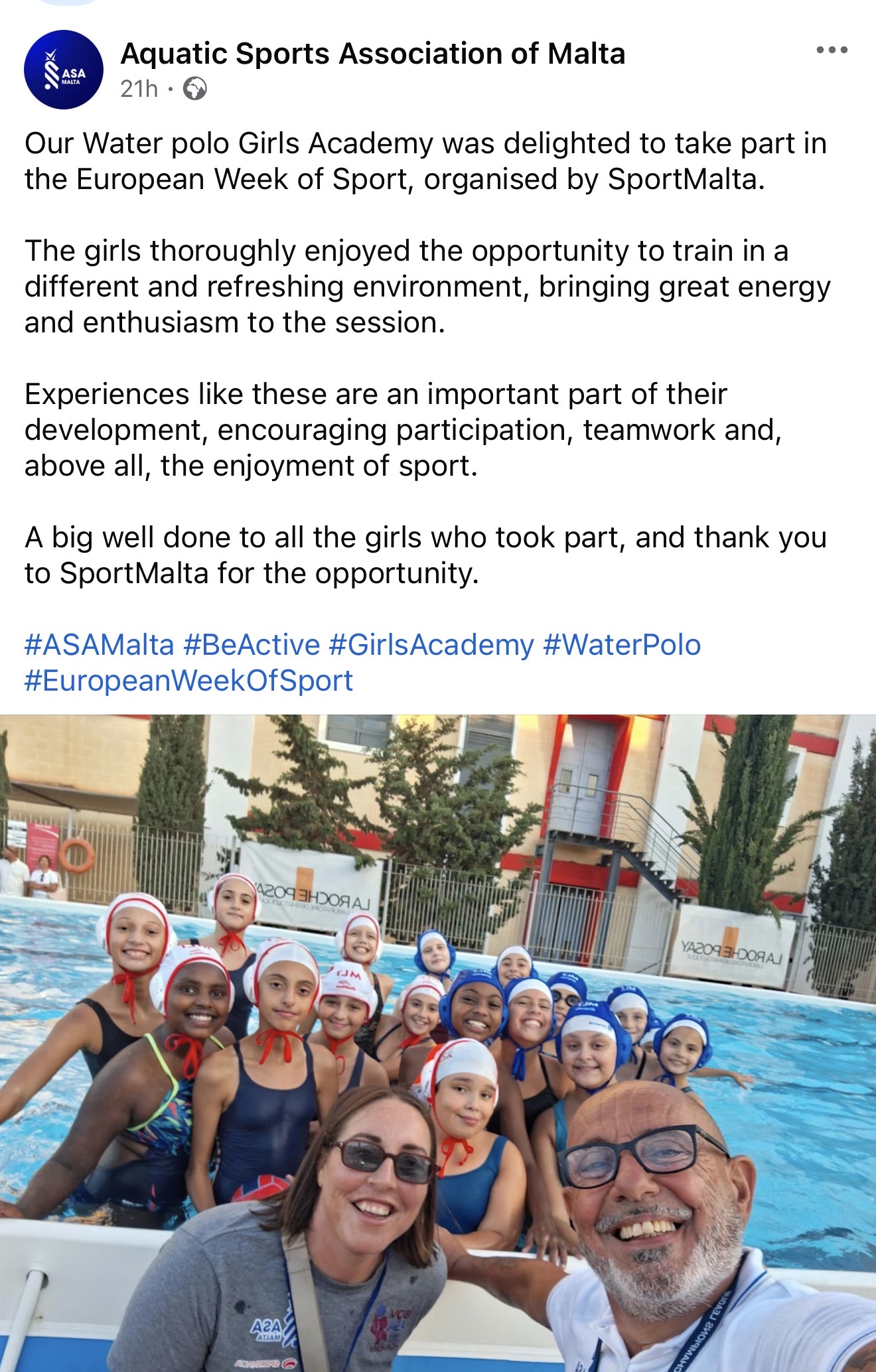 ASA Malta Girls Water Polo Academy players and coaches smiling together at the pool