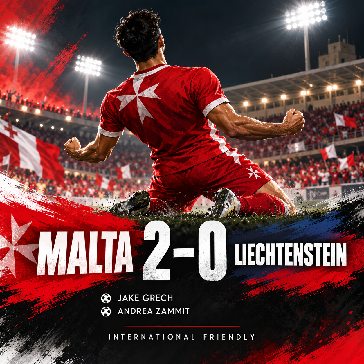Illustrated result graphic: Malta 2–0 Liechtenstein, with goals by Jake Grech and Andrea Zammit