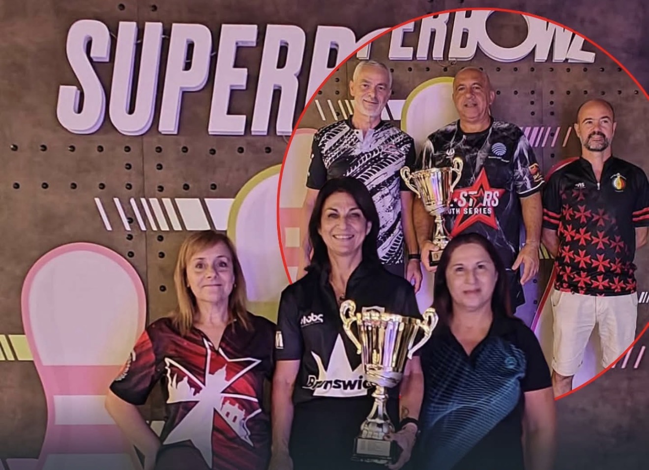 Senior bowlers celebrating with trophies at SuperBowl
